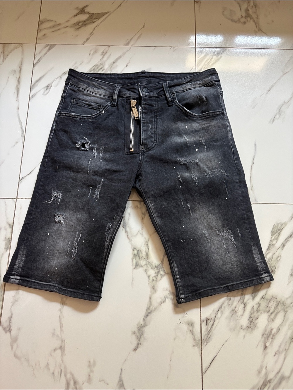 DSQUARED Distressed Black Denim Jean Shorts with Zipper Detail